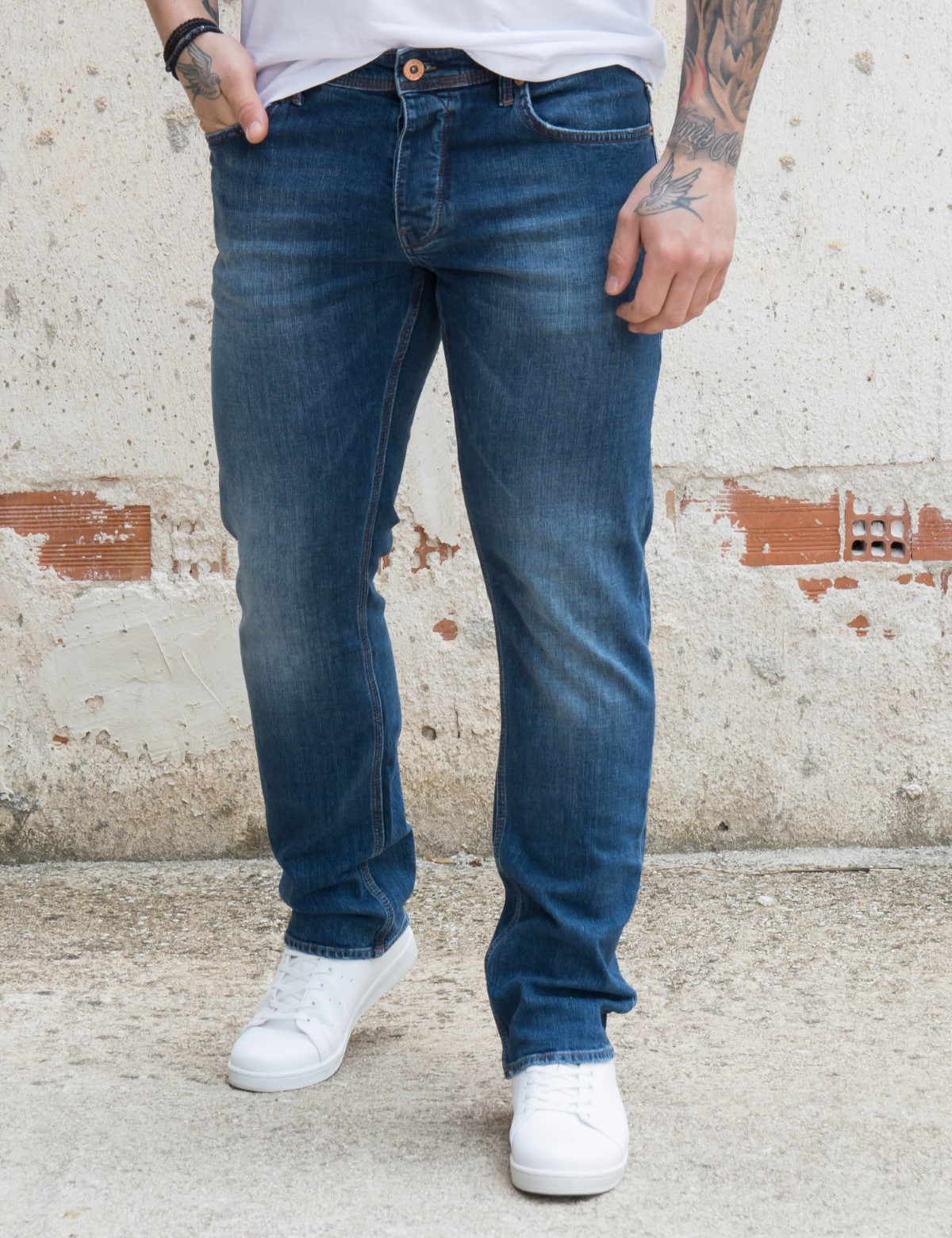 Ανδρικό μπλε σκούρο τζιν παντελόνι με ξέβαμμα Plus Size GB4905 GB4905